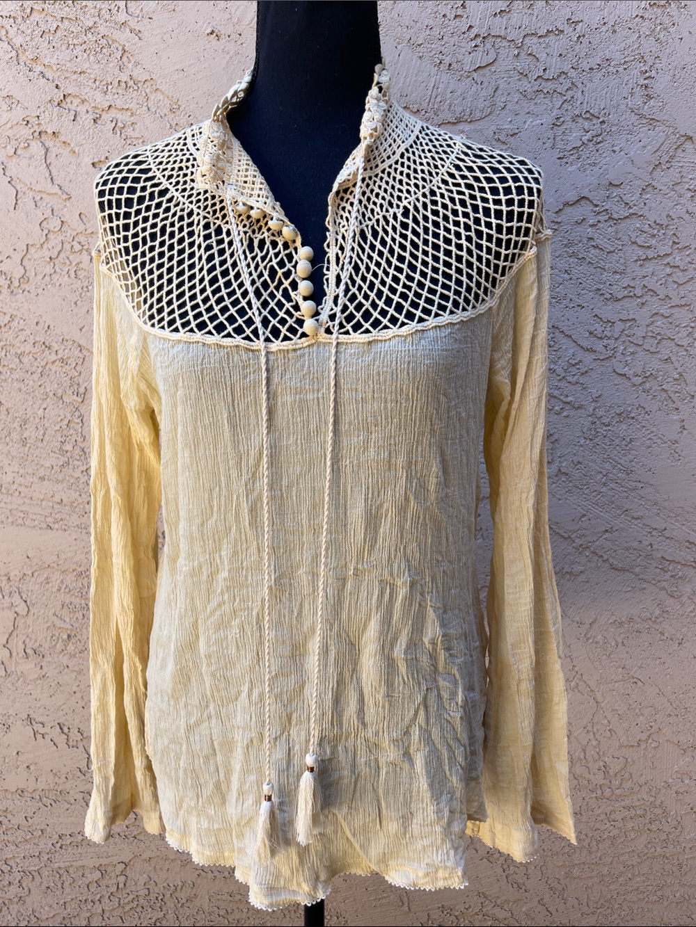 Free People Pale Yellow Crochet Yoke Long Sleeve Tunic